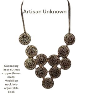 Cascading laser cut out copper brass tone Metal Medallions adjustable necklace
